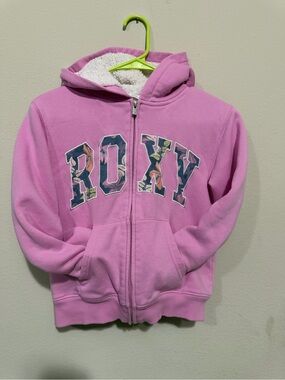 Roxy Pink Sherpa-Lined Zip Hoodie with Floral Logo